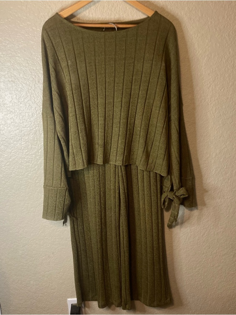 Zara Olive Ribbed Knit Set Top Loose Fit & Pants Bow Tie Top Detail At Cuffs